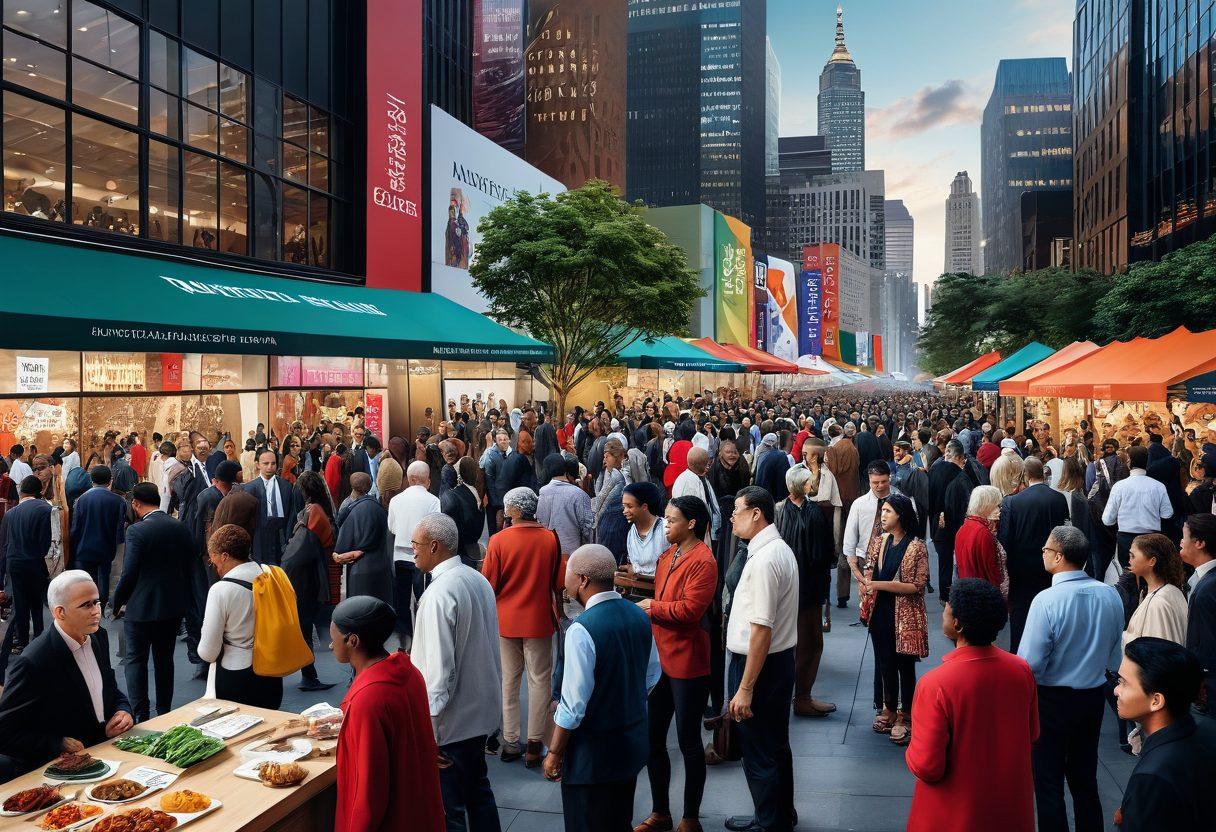 A vibrant scene depicting a bustling marketplace with diverse people engaged in animated discussions on hot topics like climate change, immigration, and social justice. Include cultural artifacts, signs representing various opinions, and contrasting clothing styles to showcase diversity. The backdrop should suggest a cityscape blending modern and traditional elements, symbolizing cultural fusion. Bright colors and dynamic expressions enhance the energy of the moment. super-realistic. vibrant colors. 3D.