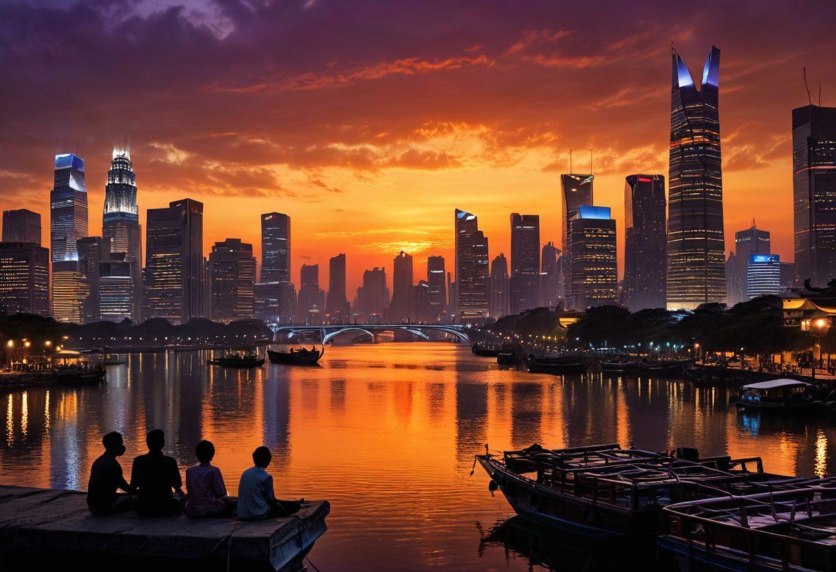 A dramatic scene depicting a bustling Asian city skyline at sunset, with silhouettes of gossiping figures in the foreground. Incorporate elements of newspapers flying through the air, symbolizing scandalous news, while vibrant lights begin to illuminate the buildings. Include iconic landmarks subtly shadowed in the background to represent various Asian cultures. super-realistic. vibrant colors. cinematic lighting.