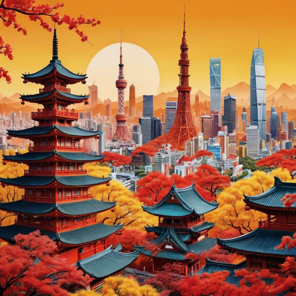 A collage of Asian cityscapes with iconic landmarks subtly blending into each other, overlaid with headlines of scandals in bold, eye-catching fonts. Include diverse cultural symbols like dragons, cherry blossoms, and traditional attire, reflecting both modernity and heritage. Use a fiery color palette to evoke passion and intrigue. super-realistic. vibrant colors. dynamic composition.
